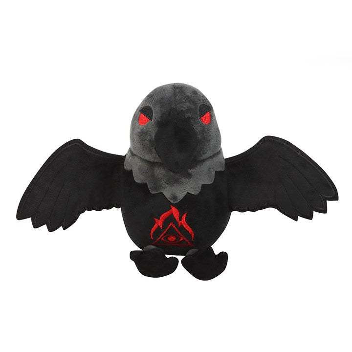 Raven Plush Toy with outstretched black wings, red embroidered eyes and occult symbol on belly.