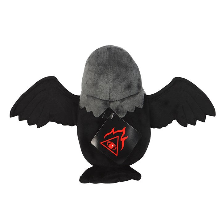 Raven Plush Toy: Gothic black raven plush with grey head, red embroidered eyes, and black wings.