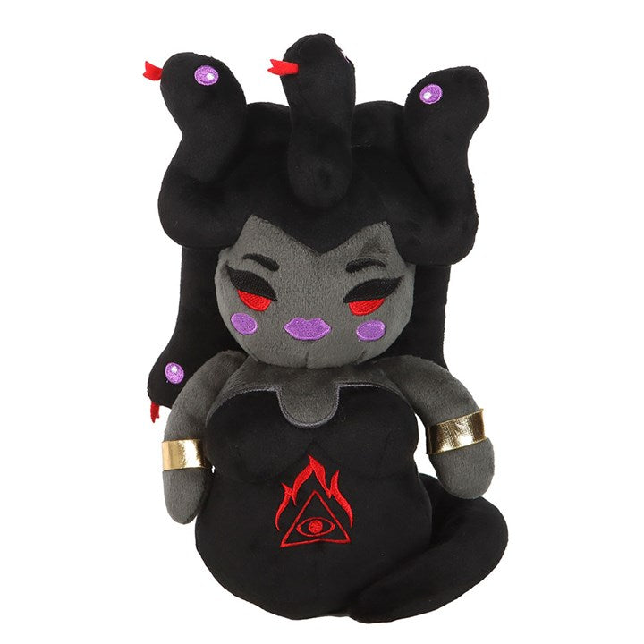 Medusa Plush Toy – Gothic black plush with a serpent crown, red embroidered eyes, and gold cuffs.