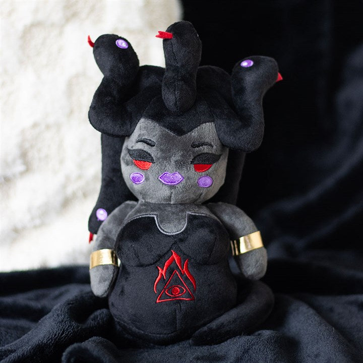 Medusa Plush Toy: gothic grey/black plush with serpents, purple facial accents, red eyes, gold cuffs.