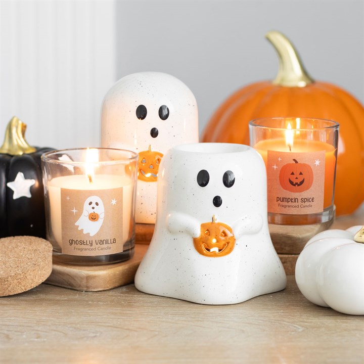 Charming Ghost Shaped Oil Burner and Wax Warmer with Pumpkin, perfect for cosy home decor and fragrant ambience.