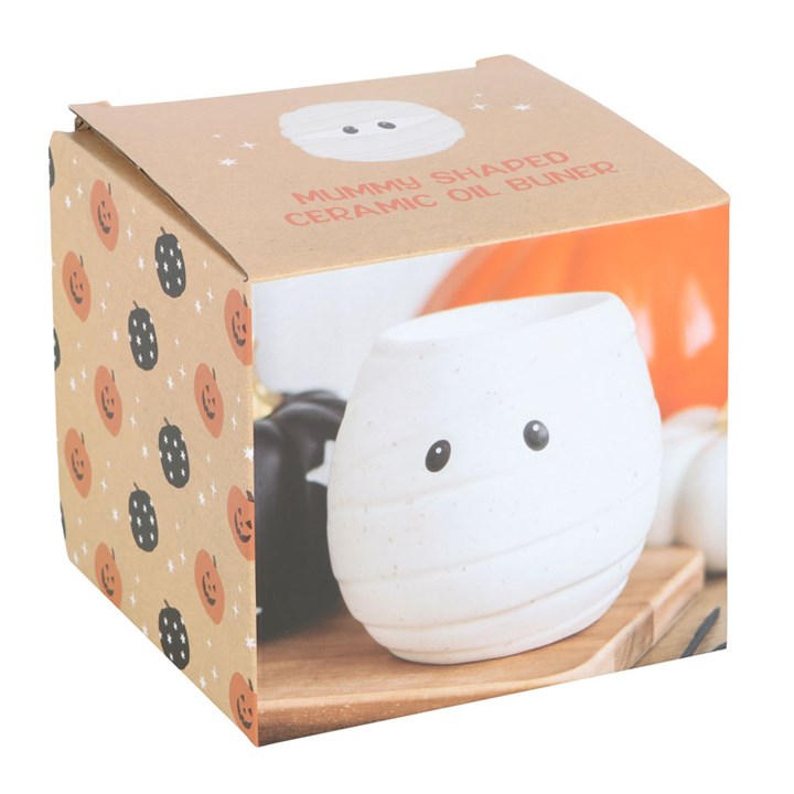 Mummy-shaped ceramic oil burner and wax warmer, 11 cm tall, dual-purpose with tealight, Halloween theme.