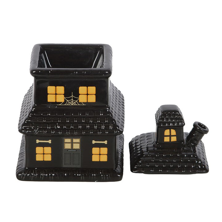 Black Haunted House Oil Burner and Wax Warmer set, two-piece design with warm glow for wax melts or scented oils.