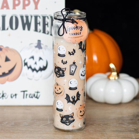 Spooky Spiced Pumpkin Tube Candle with retro black cat and pumpkin print, scented Spiced Pumpkin.