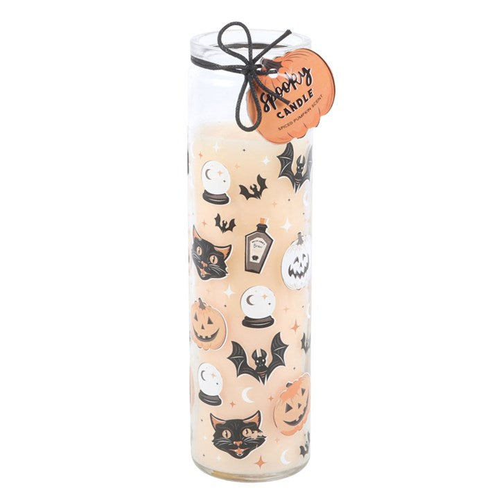 Spooky Spiced Pumpkin Tube Candle in a clear tube with retro black cat and pumpkin print, tied with black cord.