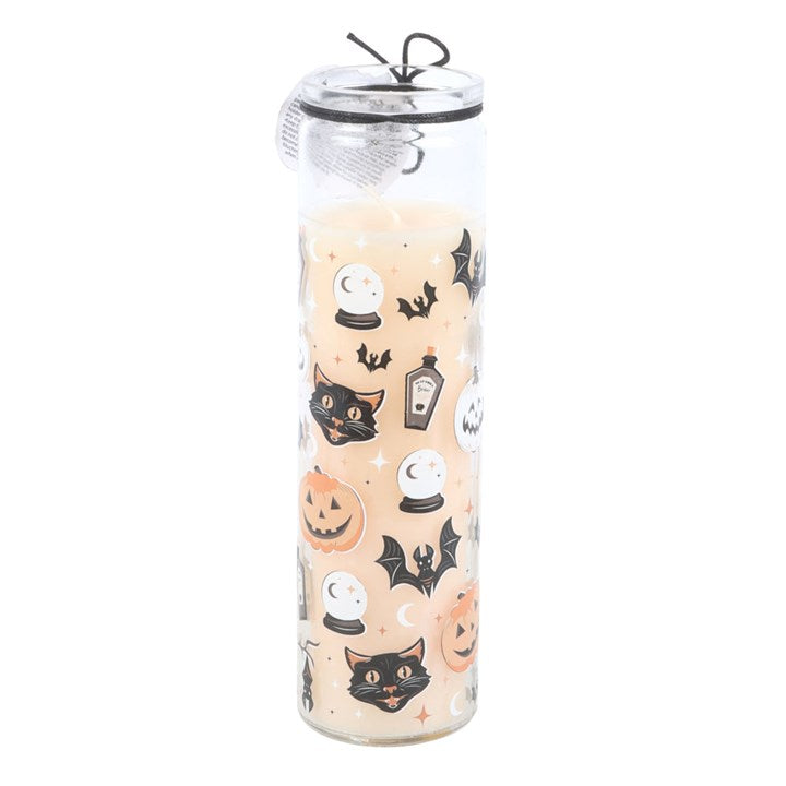 Spooky Spiced Pumpkin Tube Candle in a clear tube with retro black cat and pumpkin print; paraffin wax.