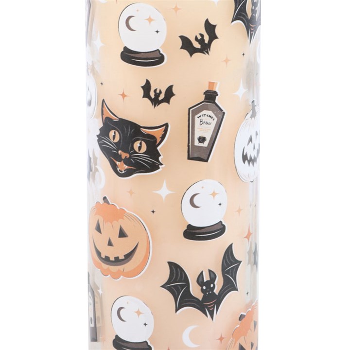 Spooky Spiced Pumpkin Tube Candle with retro black cat and pumpkin print; paraffin wax, about 70 hours burn time.