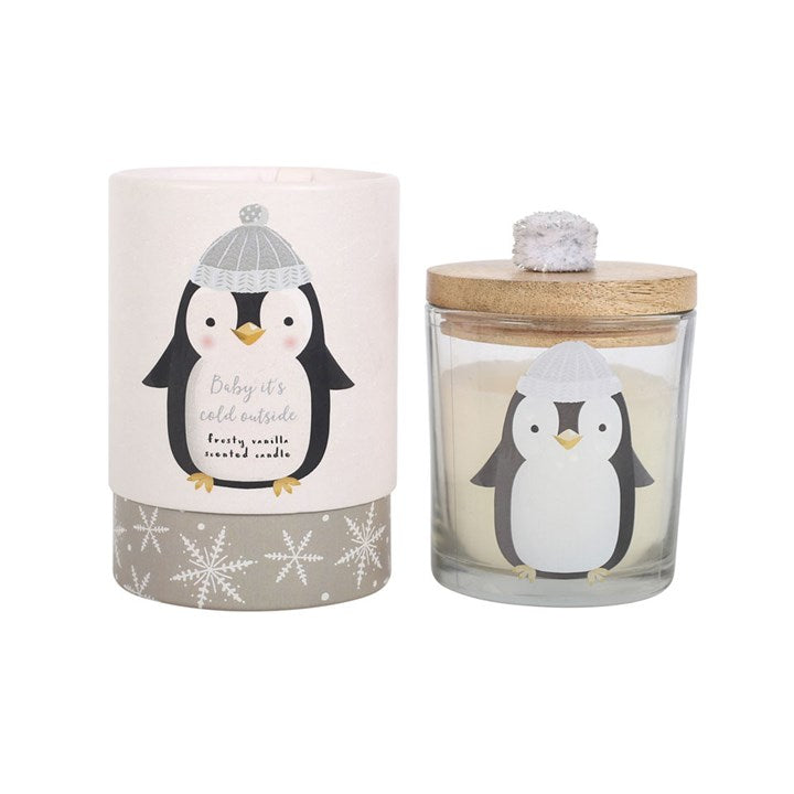 Frosty Vanilla Penguin Candle featuring a cute penguin design and silvery pom pom, perfect for winter gifting.