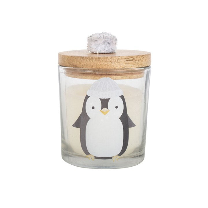 Frosty Vanilla Penguin Candle with a cute penguin design and pom pom lid, perfect for winter gifting.