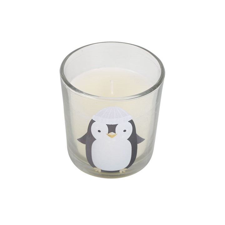 Frosty Vanilla Penguin Candle featuring a cute penguin design and silvery pom pom, perfect for winter gifting.