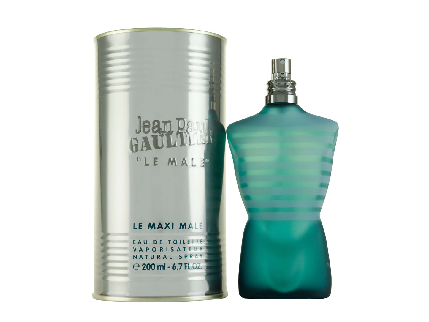 Jean Paul Gaultier Le Male Eau de Toilette 200ml Iconic Fragrance with original silver tin and turquoise torso bottle.