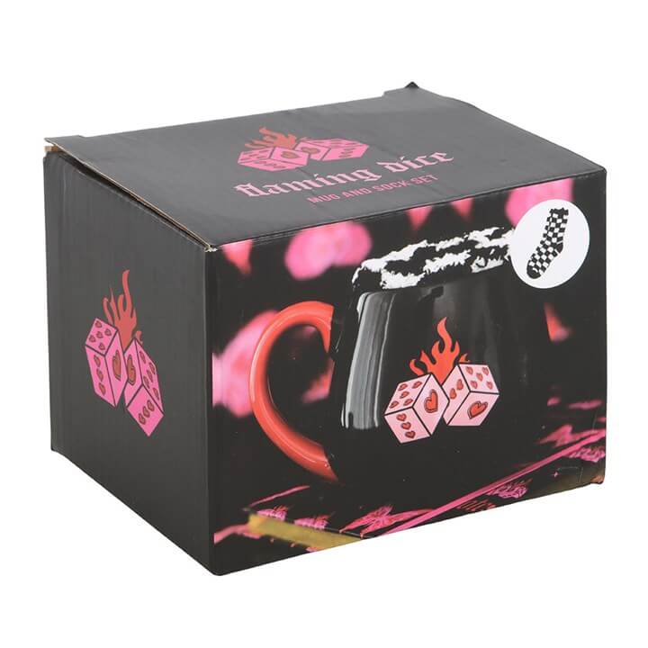 Black Flaming Dice Mug and Checkerboard Socks Gift Set 500ml
