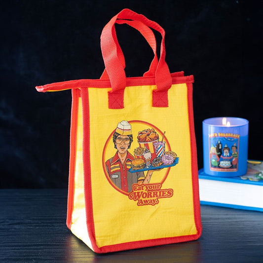 Eat Your Worries Lunch Bag by Steven Rhodes: yellow insulated tote with red trim and retro waiter graphic.