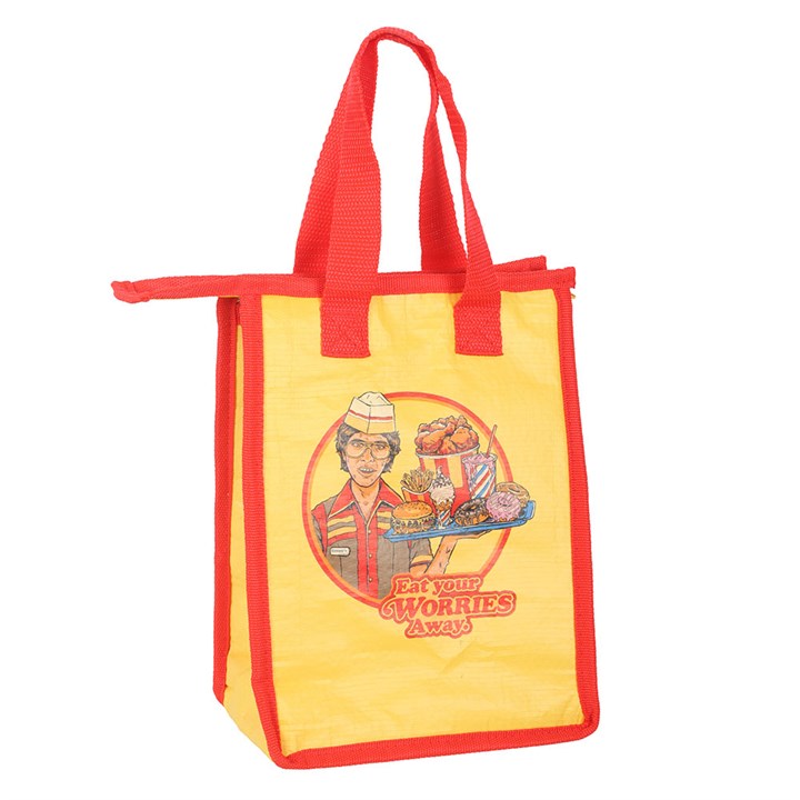 Eat Your Worries Lunch Bag by Steven Rhodes, yellow insulated tote with red trim and retro server graphic.