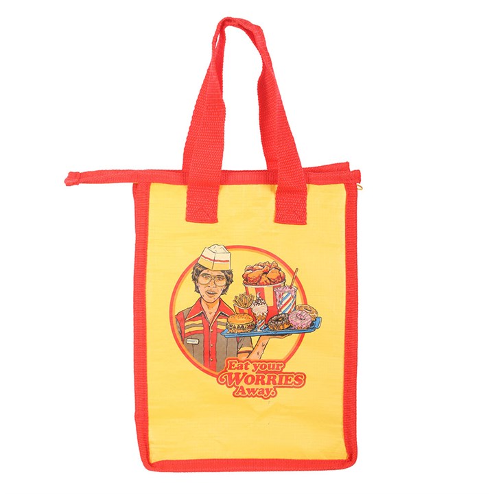 Eat Your Worries Lunch Bag by Steven Rhodes, insulated yellow bag with red trim and retro waitress graphic.