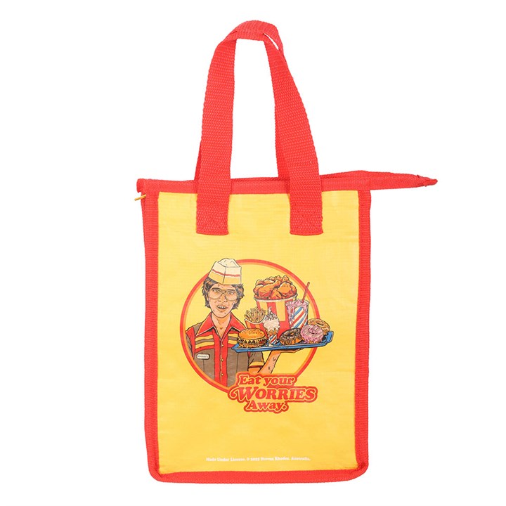 Eat Your Worries Lunch Bag by Steven Rhodes; yellow insulated bag with red trim and cartoon server carrying burgers.