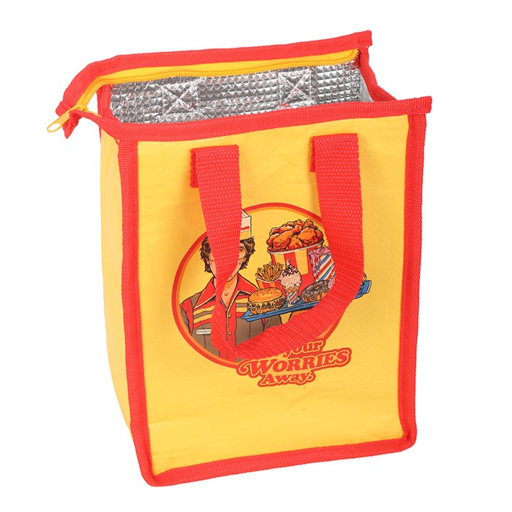 Eat Your Worries Lunch Bag by Steven Rhodes, insulated yellow bag with red trim and handles, silver-lined interior.