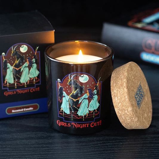 Girls Night Out Dark Opium Candle by Steven Rhodes featuring dancing women and a goat under a moon on the label.