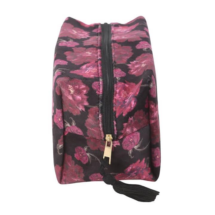 Dark Romance Floral Print Makeup Bag Gothic Cosmetic Case showing zip closure and floral design with decorative tassel.