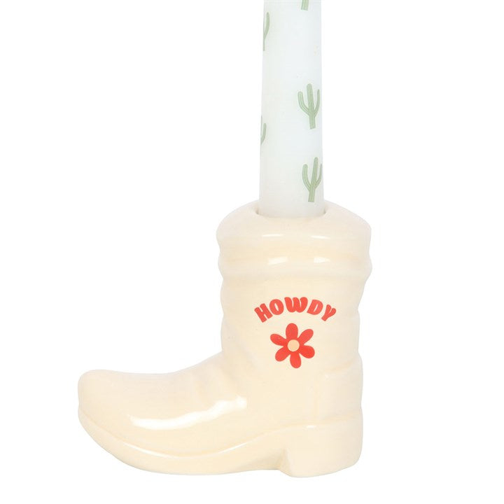 White Cowboy Boot Candle Holder with Taper Candle adds a Western touch, featuring a cactus design and fun details.