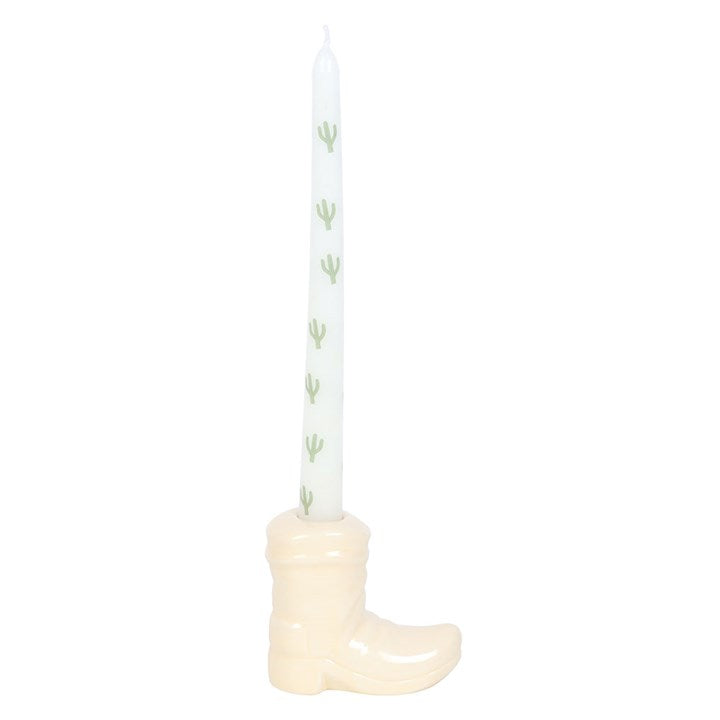 White Cowboy Boot Candle Holder with Taper Candle, featuring a fun cactus design for Western-themed decor.