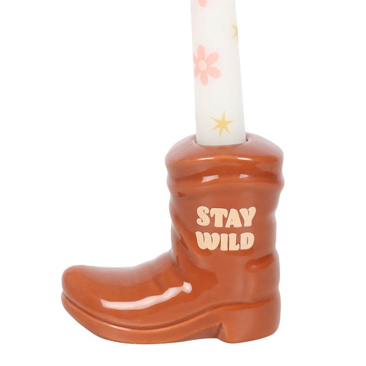 Brown Cowboy Boot Candle Holder with Taper Candle adds Western flair, featuring a floral design taper candle.