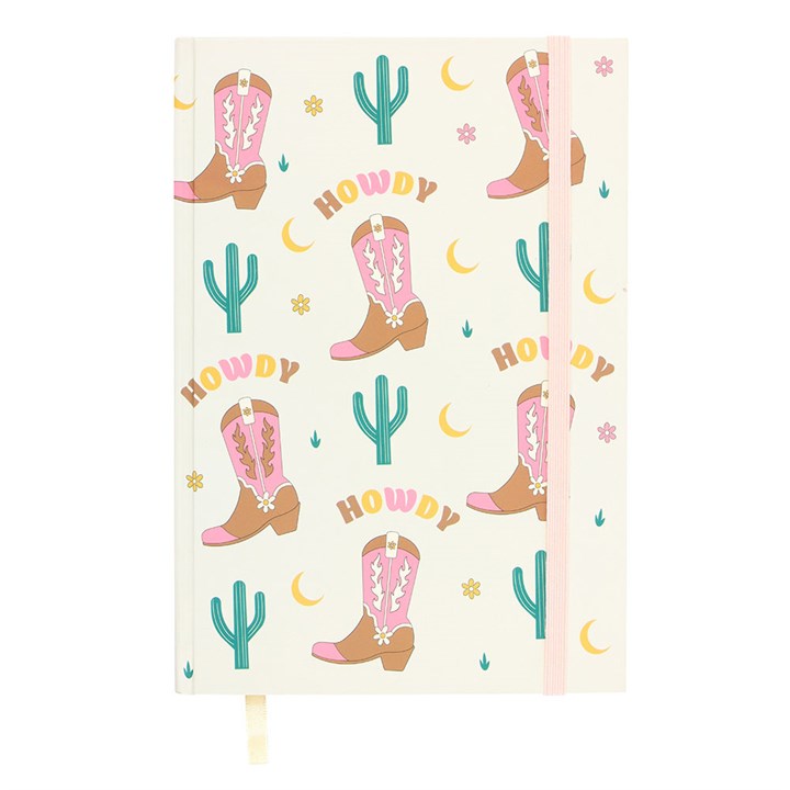Cowboy Boot A5 Notebook with Sticker Sheet featuring a vibrant Western design and fun 'Howdy' motifs for creative notes.