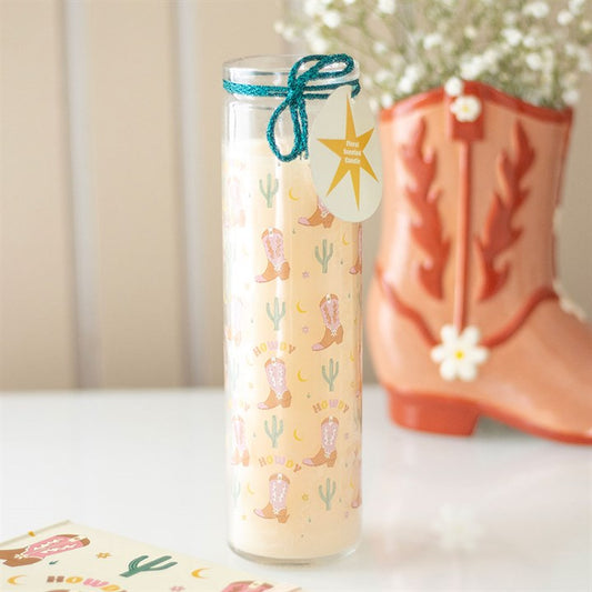Howdy Cowboy Boot Print Floral Tube Candle with charming boot design, perfect for adding Western flair to your decor.