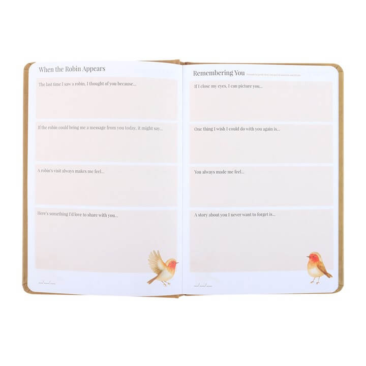Open book with text and illustrations of robins on a white background