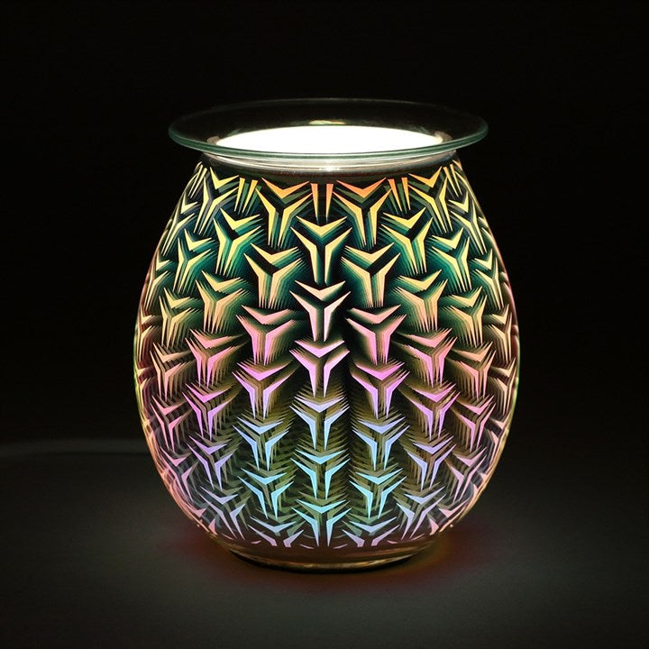 3D Geometric Light Up Electric Oil Burner with colourful illuminated pattern on glass, ideal for ambient fragrance.