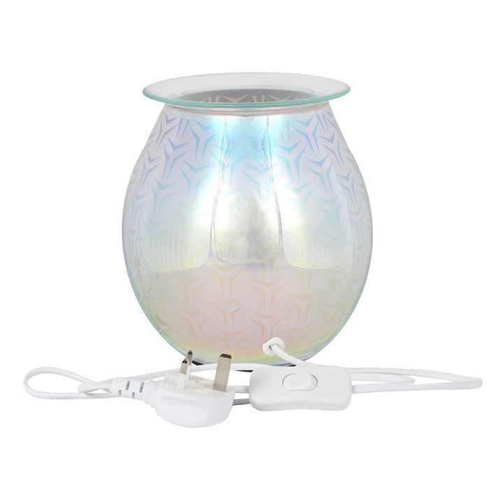 3D Geometric Light Up Electric Oil Burner with iridescent glass orb and plug, illuminated design for fragrance.