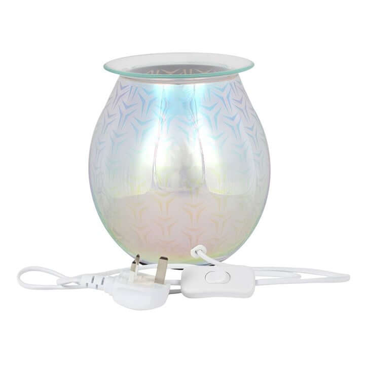 3D Geometric Light Up Electric Oil Burner with iridescent glass orb and plug, illuminated design for fragrance.
