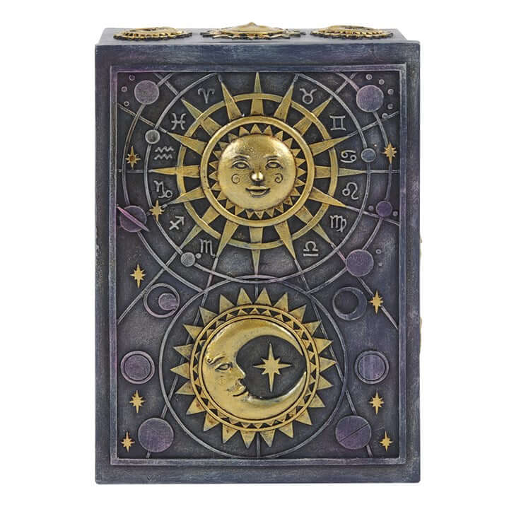Sun and Moon Resin Storage Box featuring intricate gold sun and moon details, perfect for tarot cards and crystals.