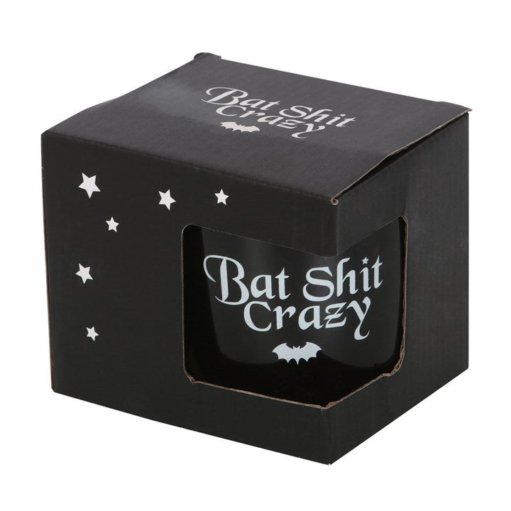 Fun black Bat Shit Crazy Mug in a box, perfect for your morning cuppa. Ideal gift for coffee lovers needing caffeine.