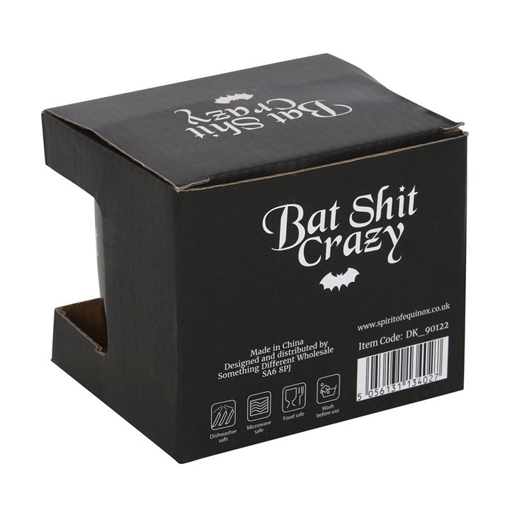 Black box featuring the 'Bat Shit Crazy Mug', perfect for coffee lovers needing their morning peace. Dishwasher safe.