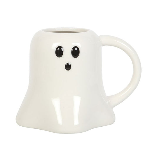 White ghost-shaped ceramic mug with glossy finish and black button eyes.