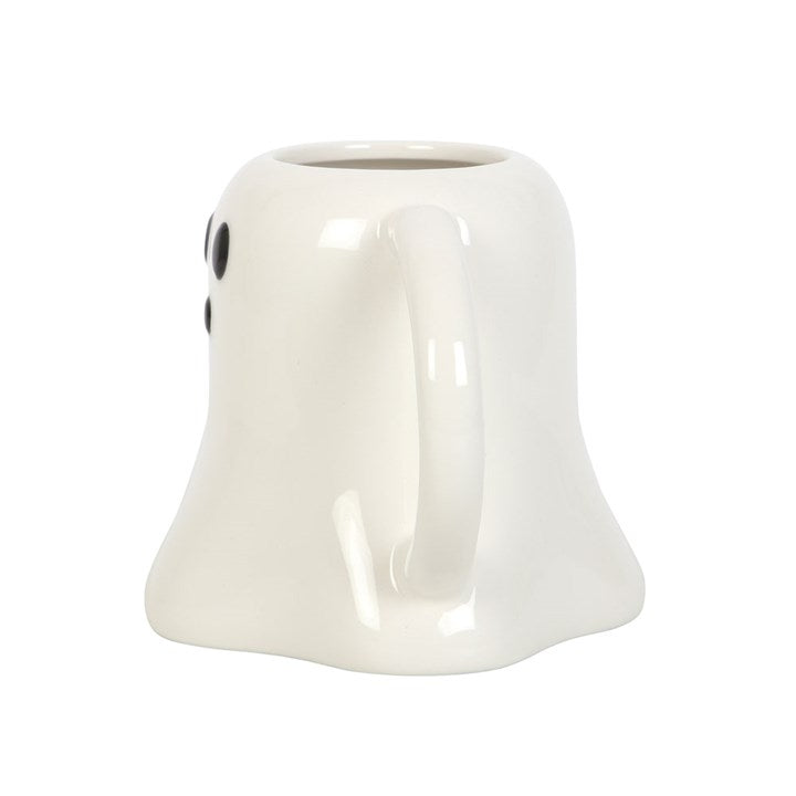 White ghost-shaped ceramic mug with a curved handle, perfect for Halloween hot drinks.