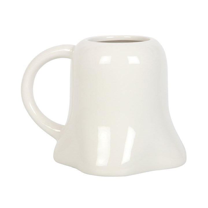 White ghost-shaped ceramic mug with handle, perfect for Halloween beverages.