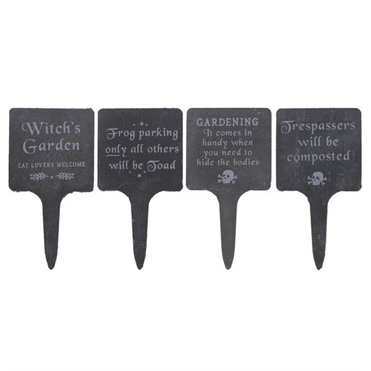 Quirky Set of 4 Slate Gothic Garden Signs adding dark humour to your garden décor, perfect for plant pots and borders.