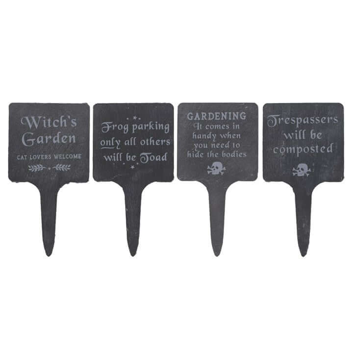 Quirky Set of 4 Slate Gothic Garden Signs adding dark humour to your garden décor, perfect for plant pots and borders.
