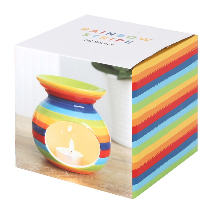 Rainbow Stripe Ceramic Oil Burner for fragrance oils and wax melts; rainbow stripes, 10.5 × 10 × 10 cm.