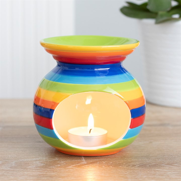 Rainbow Stripe Ceramic Oil Burner for Fragrance Oils and Wax Melts, with tealight in front cavity.