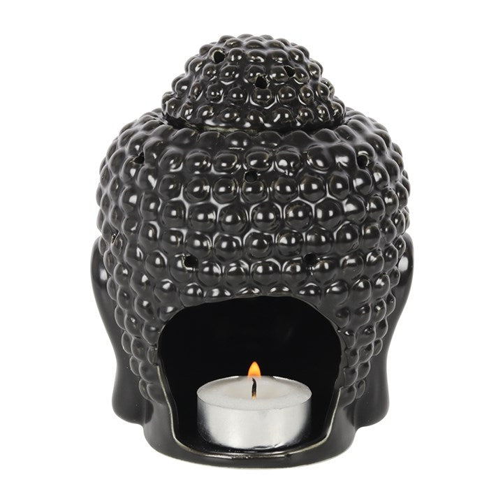 Black Buddha Head Oil Burner – Matte black Buddha head with tea light holder for serene ambience.