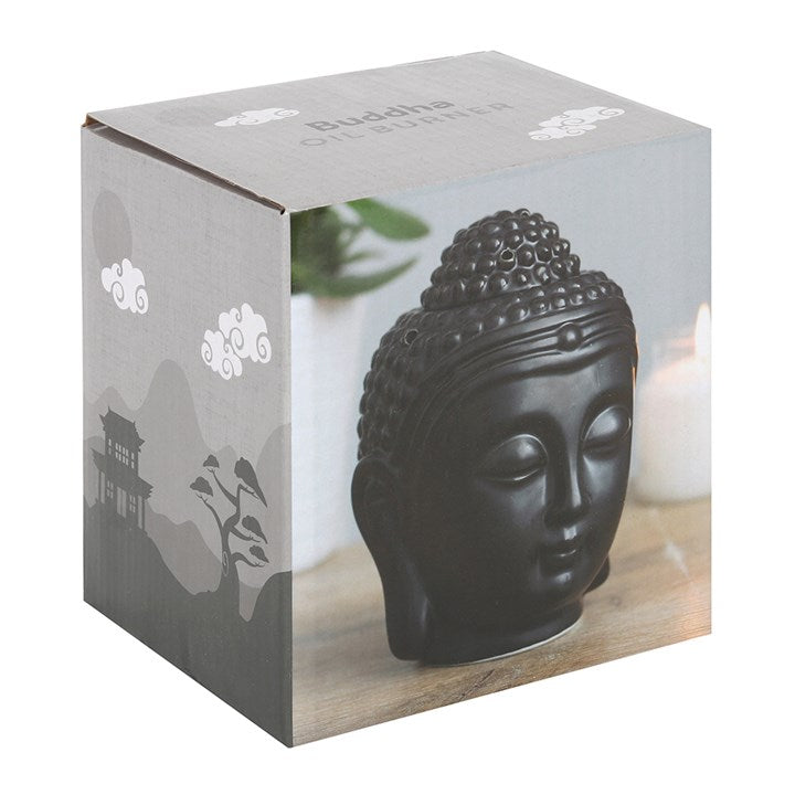 Black Buddha Head Oil Burner - Matte black Buddha head, zen home decor for calm ambience.