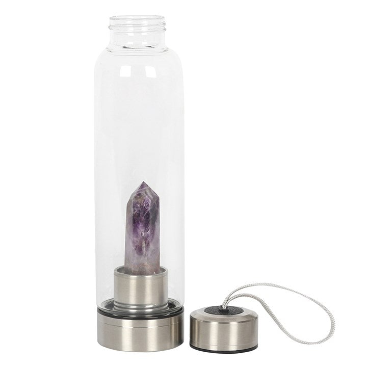 Amethyst Calming Glass Water Bottle by Crystal Wellness featuring an amethyst crystal inside.