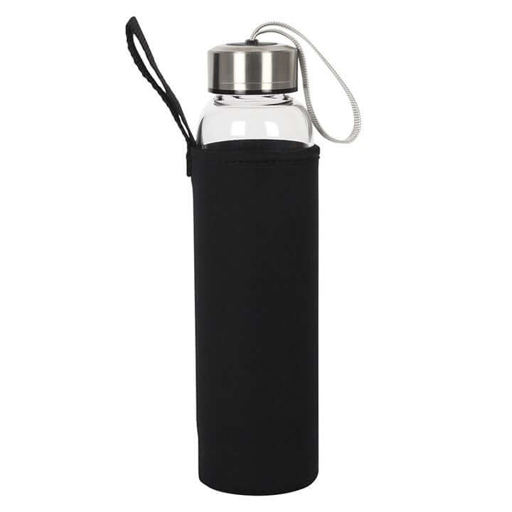 Amethyst Calming Glass Water Bottle - Crystal Wellness in a stylish black neoprene cover.