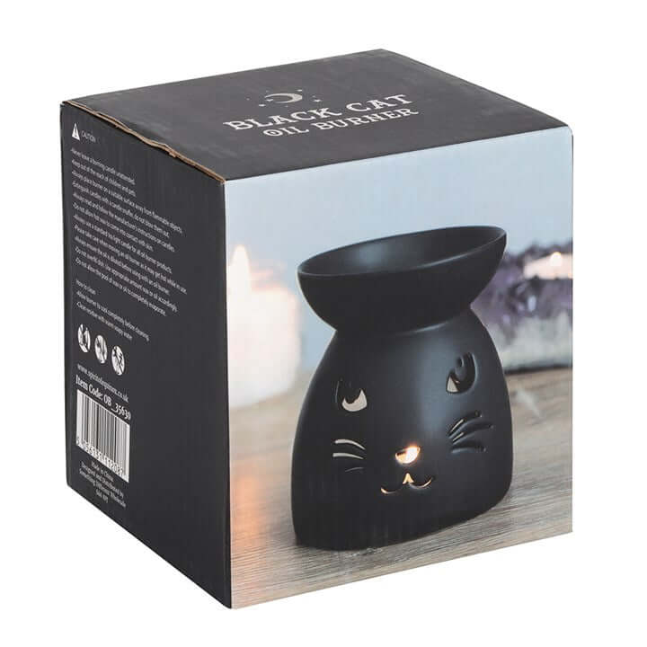 Black Cat Cut Out Oil Burner and Wax Warmer: black ceramic cat face with cutouts, Halloween decor