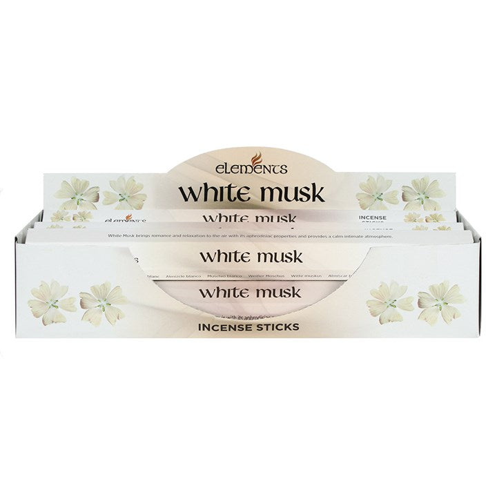 Set of 6 Packets of Elements White Musk Incense Sticks in stylish packaging, featuring floral design and calming aroma.
