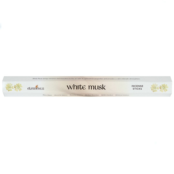 Set of 6 Packets of Elements White Musk Incense Sticks, featuring 20 fragrant sticks per pack for a calming atmosphere.