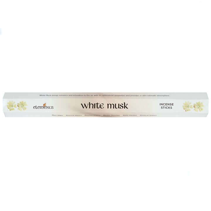 Set of 6 Packets of Elements White Musk Incense Sticks, featuring 20 fragrant sticks per pack for a calming atmosphere.